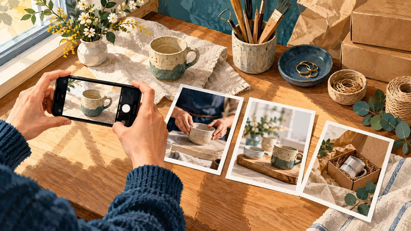 Телефон для съёмки и фотографии работ, подготовленные для страницы услуг