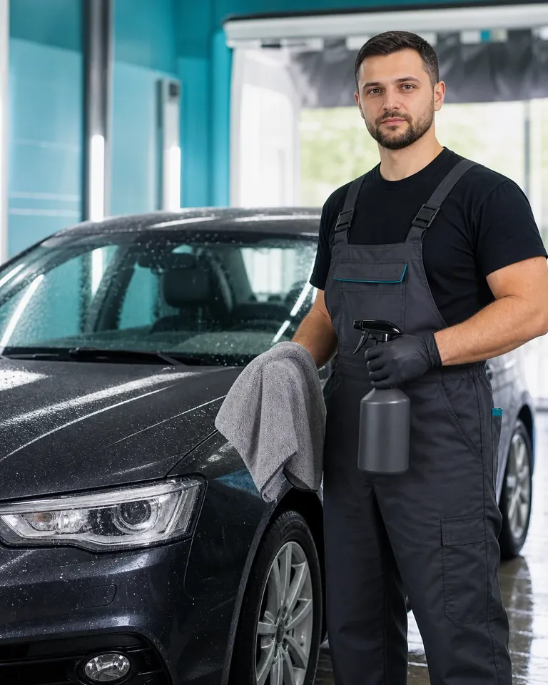 Специалист автомойки рядом с автомобилем в чистом боксе