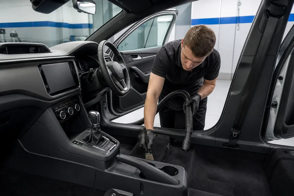 Специалист очищает салон автомобиля пылесосом