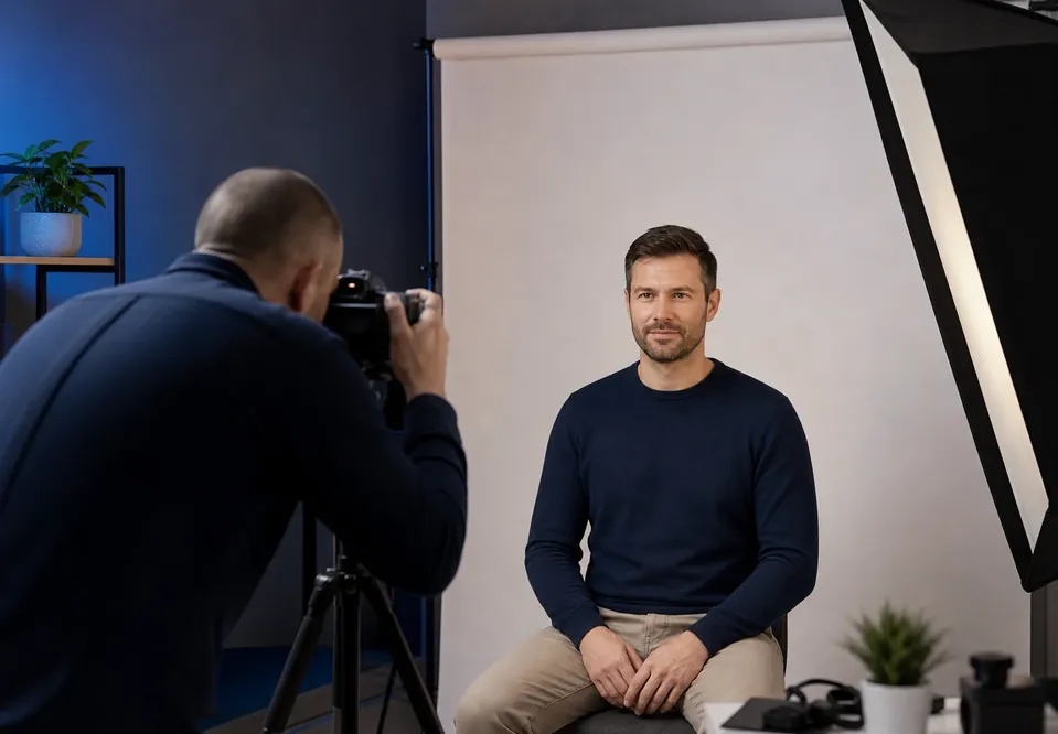 Фотограф снимает клиента на нейтральном фоне